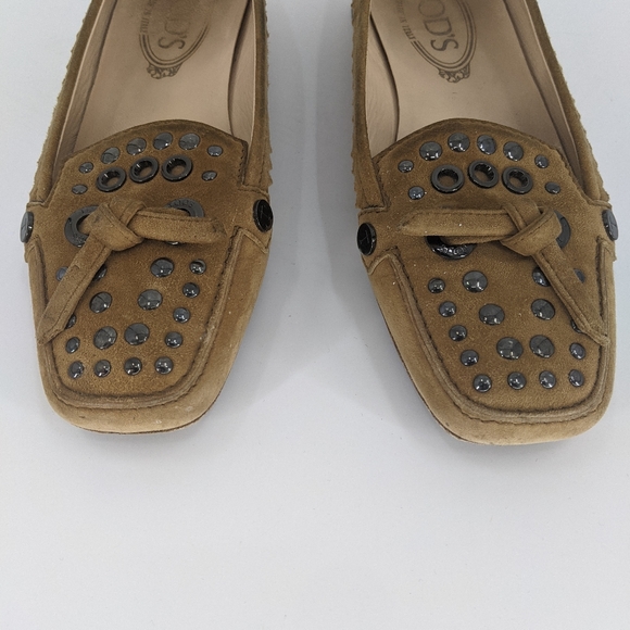Tod's Tan Suede Studded Square Toe Tie Loafers - Picture 3 of 10